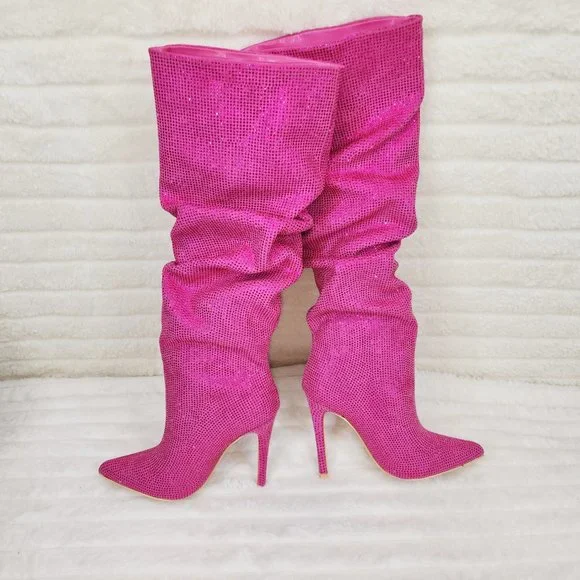 Radiant Fuchsia Pink Rhinestone High Heel Slouch Knee High Boots - Picture 9 of 11